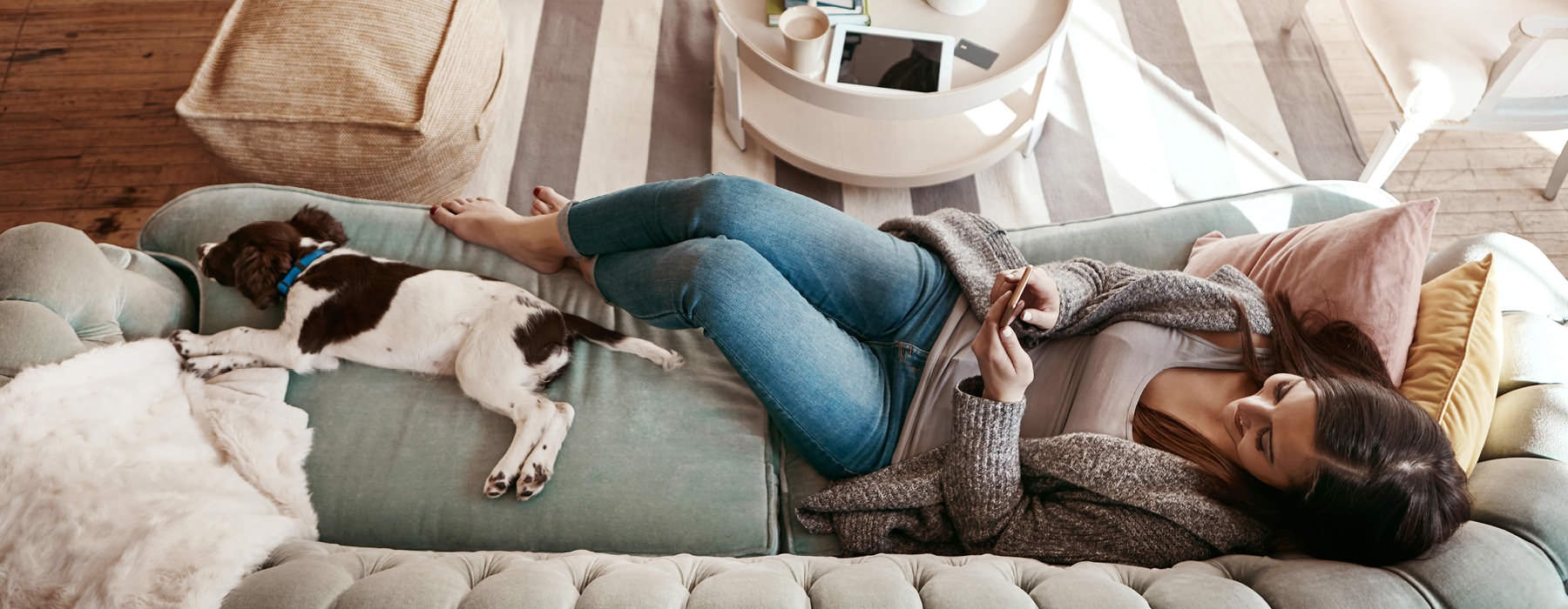 overhead shot of woman looking at her phone while lying on her couch next to her doggie